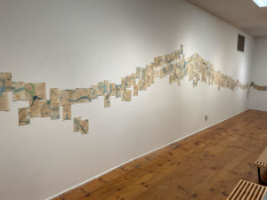 on a white gallery wall there are many individual pages with lettering and blue watercolor